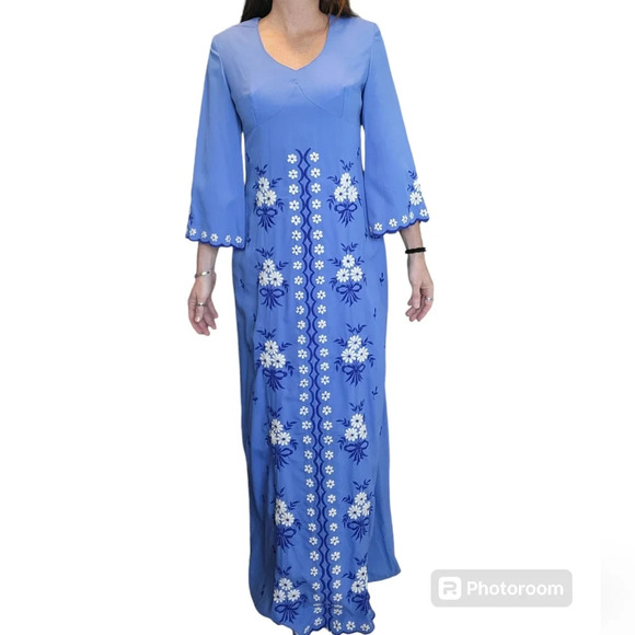 Vintage Handmade Blue Floral Embroidered Cottagecore Hippie Caftan Maxi Dress - Picture 1 of 16